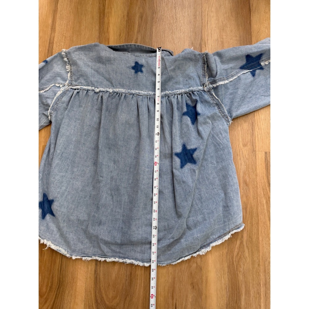 POL Star Patch Raw Hem Denim Shirt Jacket Light Wash Blue Large boho preppy - Picture 8 of 8